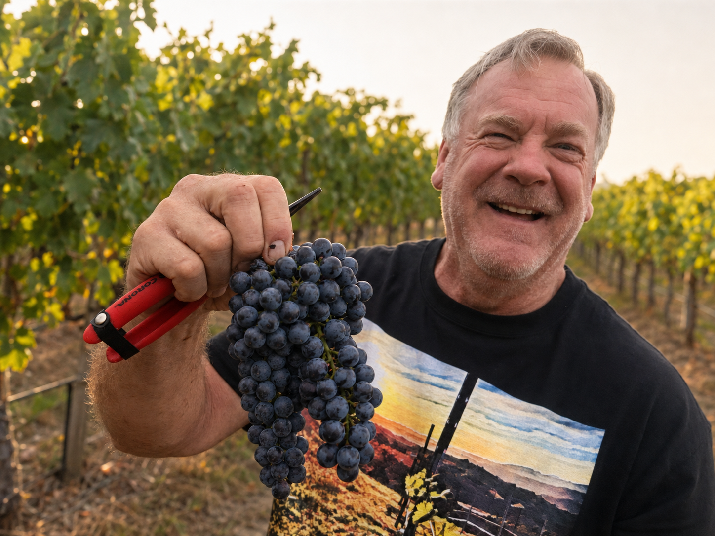 Brad harvesting ripe estate grapes among the vineyard rows