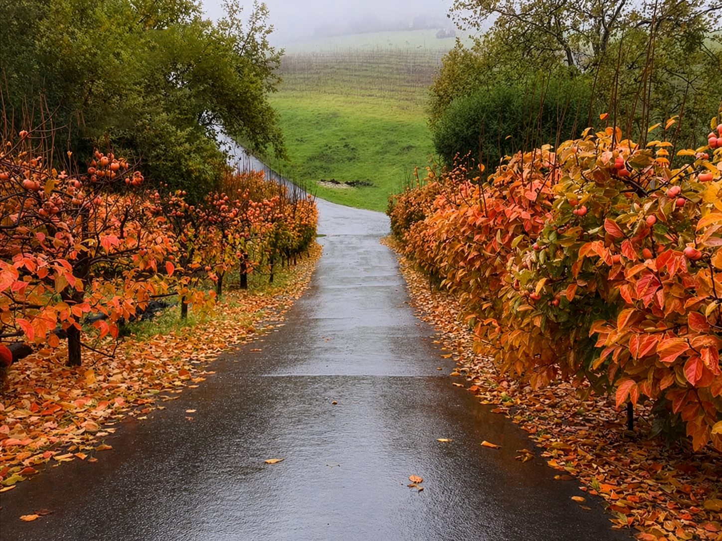 Persimmon Lane entrance road lined with autumn foliage at Boyer Ranch
